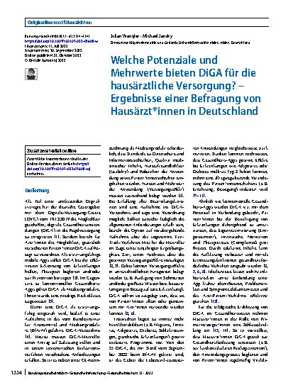 Vorschauseite 1: Welche Potenziale und Mehrwerte bieten DiGA für die hausärztliche Versorgung? – Ergebnisse einer Befragung von Hausärzt*innen in Deutschland