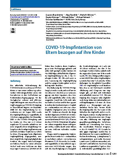 Vorschauseite 1: COVID-19-Impfintention von Eltern bezogen auf ihre Kinder