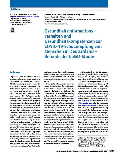 Vorschauseite 1: Gesundheitsinformationsverhalten und Gesundheitskompetenzen zur COVID-19-Schutzimpfung von Menschen in Deutschland – Befunde der CoSiD-Studie