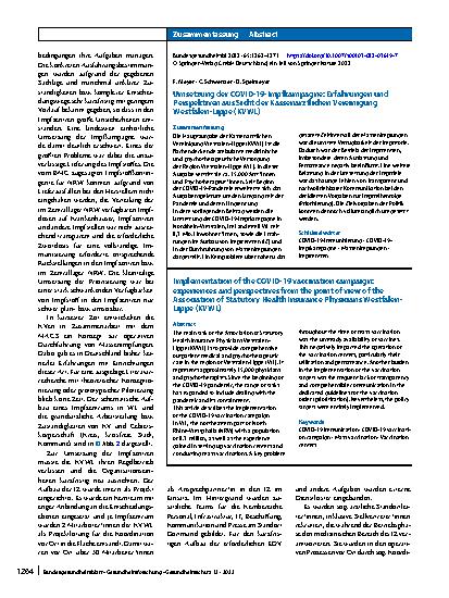 Vorschauseite 3: Umsetzung der COVID-19-Impfkampagne: Erfahrungen und Perspektiven aus Sicht der Kassenärztlichen Vereinigung Westfalen-Lippe (KVWL)