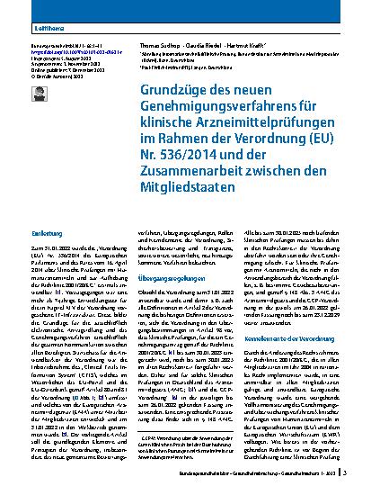 Vorschauseite 1: Grundzüge des neuen Genehmigungsverfahrens für klinische Arzneimittelprüfungen im Rahmen der Verordnung (EU) Nr. 536/2014 und der Zusammenarbeit zwischen den Mitgliedstaaten