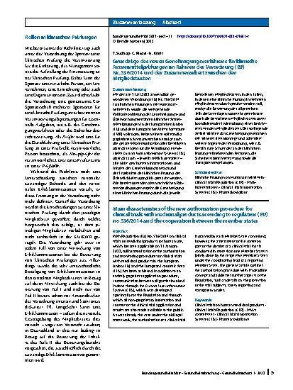 Vorschauseite 3: Grundzüge des neuen Genehmigungsverfahrens für klinische Arzneimittelprüfungen im Rahmen der Verordnung (EU) Nr. 536/2014 und der Zusammenarbeit zwischen den Mitgliedstaaten