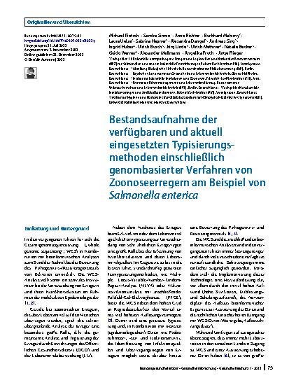 Vorschauseite 1: Bestandsaufnahme der verfügbaren und aktuell eingesetzten Typisierungsmethoden einschließlich genombasierter Verfahren von Zoonoseerregern am Beispiel von Salmonella enterica