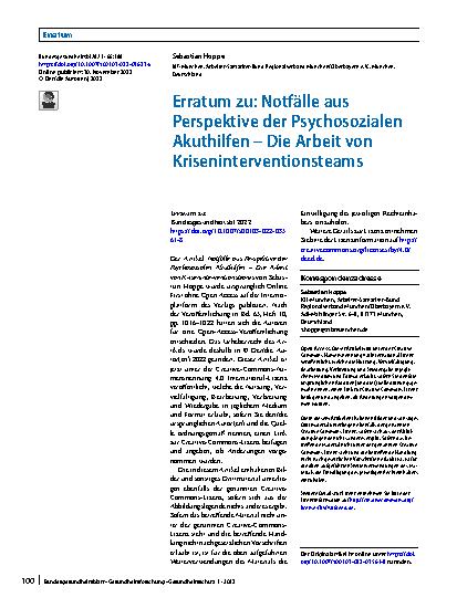 Vorschauseite 1: Erratum zu: Notfälle aus Perspektive der Psychosozialen Akuthilfen – Die Arbeit von Kriseninterventionsteams