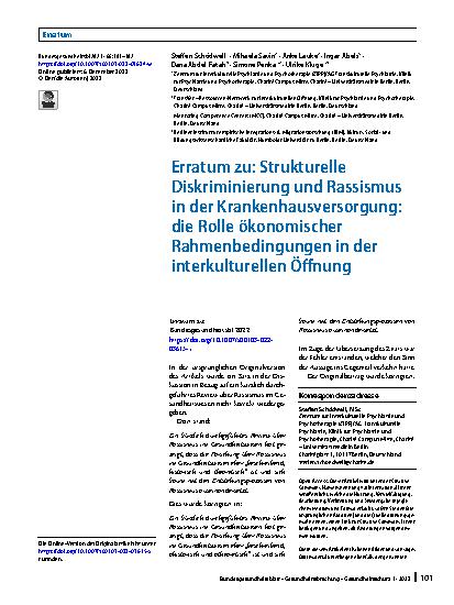Vorschauseite 1: Erratum zu: Strukturelle Diskriminierung und Rassismus in der Krankenhausversorgung: die Rolle ökonomischer Rahmenbedingungen in der interkulturellen Öffnung