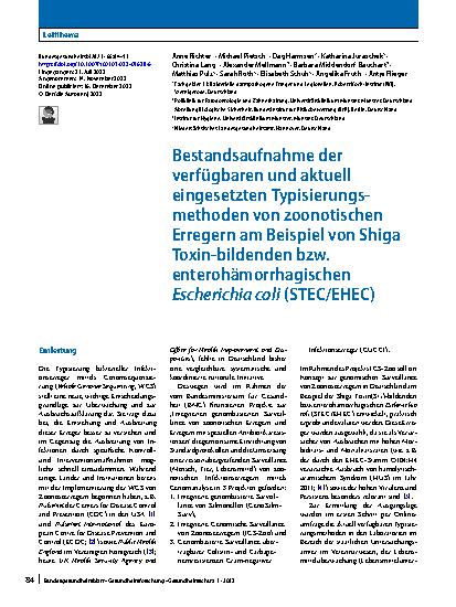 Vorschauseite 1: Bestandsaufnahme der verfügbaren und aktuell eingesetzten Typisierungsmethoden von zoonotischen Erregern am Beispiel von Shiga Toxin-bildenden bzw. enterohämorrhagischen Escherich…