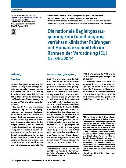Vorschauseite 1: Die nationale Begleitgesetzgebung zum Genehmigungsverfahren klinischer Prüfungen mit Humanarzneimitteln im Rahmen der Verordnung (EU) Nr. 536/2014