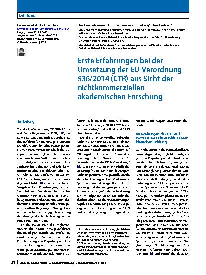 Vorschauseite 1: Erste Erfahrungen bei der Umsetzung der EU-Verordnung 536/2014 (CTR) aus Sicht der nichtkommerziellen akademischen Forschung