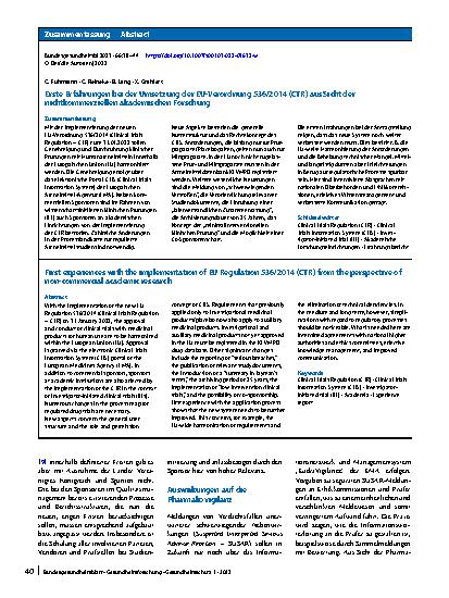 Vorschauseite 3: Erste Erfahrungen bei der Umsetzung der EU-Verordnung 536/2014 (CTR) aus Sicht der nichtkommerziellen akademischen Forschung