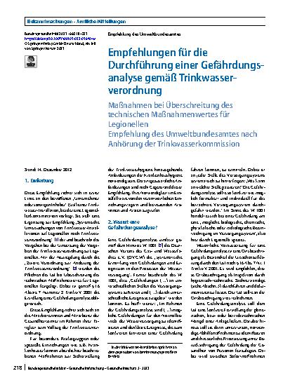 Vorschauseite 1: Empfehlungen für die Durchführung einer Gefährdungsanalyse gemäß Trinkwasserverordnung
