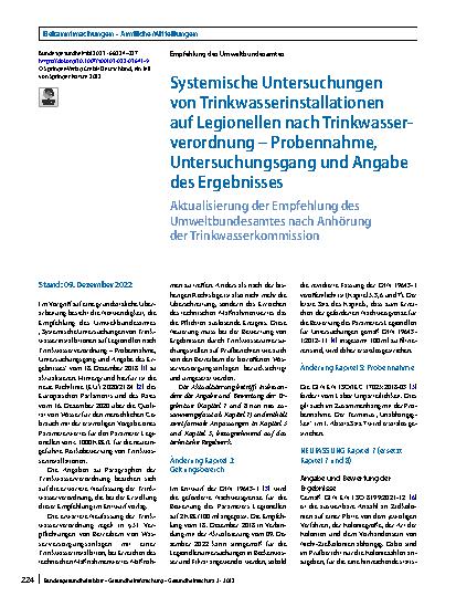 Vorschauseite 1: Systemische Untersuchungen von Trinkwasserinstallationen auf Legionellen nach Trinkwasserverordnung – Probennahme, Untersuchungsgang und Angabe des Ergebnisses