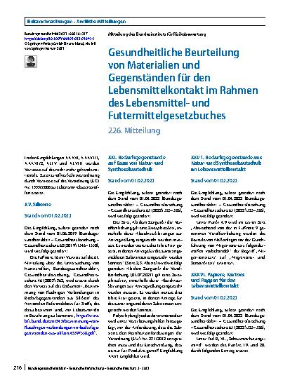 Vorschauseite 1: Gesundheitliche Beurteilung von Materialien und Gegenständen für den Lebensmittelkontakt im Rahmen des Lebensmittelund Futtermittelgesetzbuches