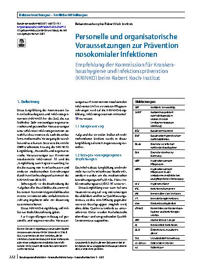 Vorschauseite 1: Personelle und organisatorische Voraussetzungen zur Prävention nosokomialer Infektionen
