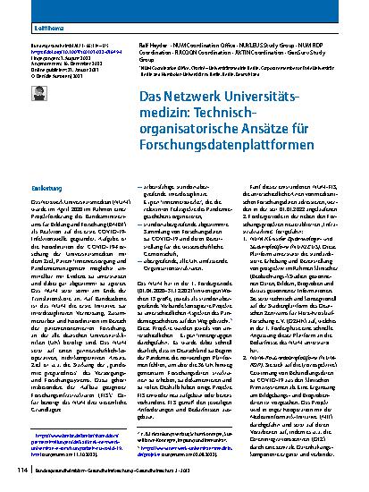 Vorschauseite 1: Das Netzwerk Universitätsmedizin: Technisch-organisatorische Ansätze für Forschungsdatenplattformen