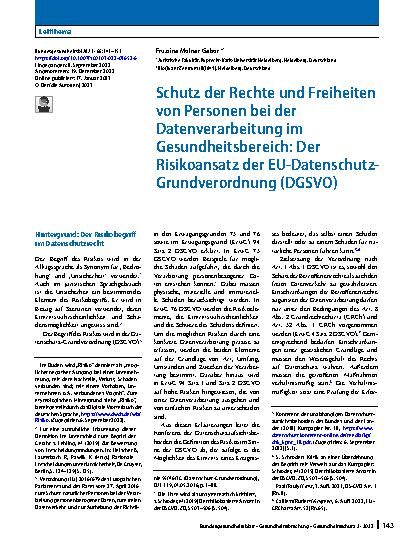 Vorschauseite 1: Schutz der Rechte und Freiheiten von Personen bei der Datenverarbeitung im Gesundheitsbereich: Der Risikoansatz der EU-Datenschutz-Grundverordnung (DGSVO)