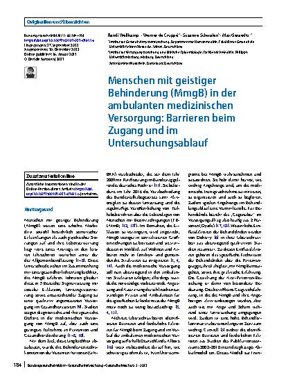 Vorschauseite 1: Menschen mit geistiger Behinderung (MmgB) in der ambulanten medizinischen Versorgung: Barrieren beim Zugang und im Untersuchungsablauf