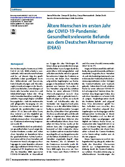 Vorschauseite 1: Ältere Menschen im ersten Jahr der COVID-19-Pandemie: Gesundheitsrelevante Befunde aus dem Deutschen Alterssurvey (DEAS)