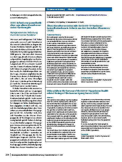 Vorschauseite 3: Ältere Menschen im ersten Jahr der COVID-19-Pandemie: Gesundheitsrelevante Befunde aus dem Deutschen Alterssurvey (DEAS)