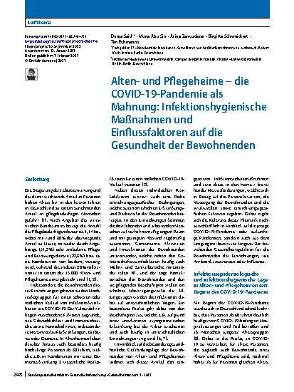 Vorschauseite 1: Altenund Pflegeheime – die COVID-19-Pandemie als Mahnung: Infektionshygienische Maßnahmen und Einflussfaktoren auf die Gesundheit der Bewohnenden