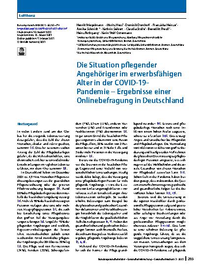 Vorschauseite 1: Die Situation pflegender Angehöriger im erwerbsfähigen Alter in der COVID-19-Pandemie – Ergebnisse einer Onlinebefragung in Deutschland