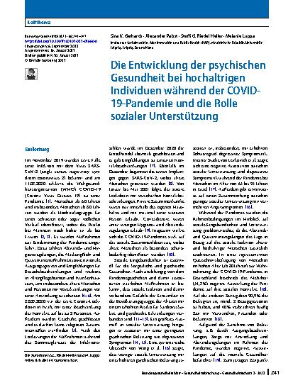 Vorschauseite 1: Die Entwicklung der psychischen Gesundheit bei hochaltrigen Individuen während der COVID-19-Pandemie und die Rolle sozialer Unterstützung