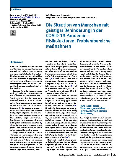 Vorschauseite 1: Die Situation von Menschen mit geistiger Behinderung in der COVID-19-Pandemie – Risikofaktoren, Problembereiche, Maßnahmen