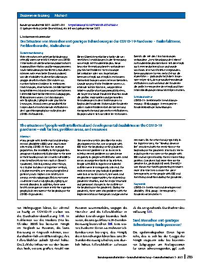 Vorschauseite 3: Die Situation von Menschen mit geistiger Behinderung in der COVID-19-Pandemie – Risikofaktoren, Problembereiche, Maßnahmen