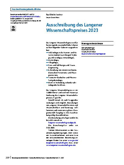 Vorschauseite 1: Ausschreibung des Langener Wissenschaftspreises 2023