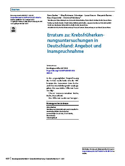 Vorschauseite 1: Erratum zu: Krebsfrüherkennungsuntersuchungen in Deutschland: Angebot und Inanspruchnahme