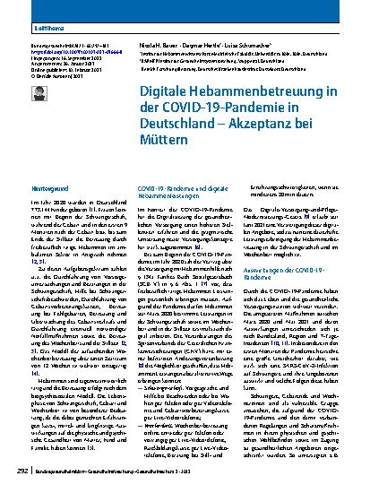 Vorschauseite 1: Digitale Hebammenbetreuung in der COVID-19-Pandemie in Deutschland – Akzeptanz bei Müttern