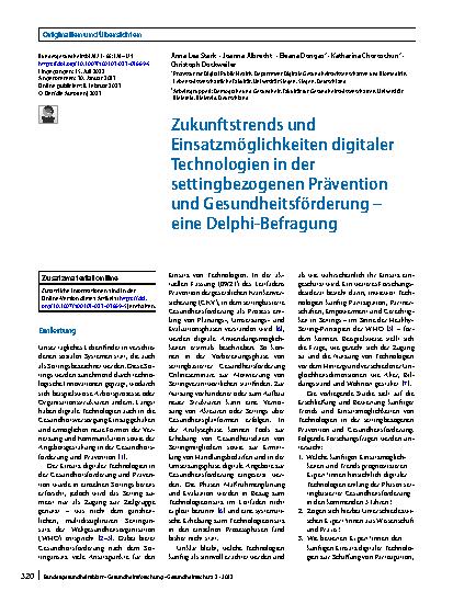 Vorschauseite 1: Zukunftstrends und Einsatzmöglichkeiten digitaler Technologien in der settingbezogenen Prävention und Gesundheitsförderung – eine Delphi-Befragung
