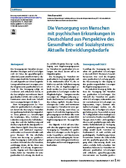 Vorschauseite 1: Die Versorgung von Menschen mit psychischen Erkrankungen in Deutschland aus Perspektive des Gesundheitsund Sozialsystems: Aktuelle Entwicklungsbedarfe