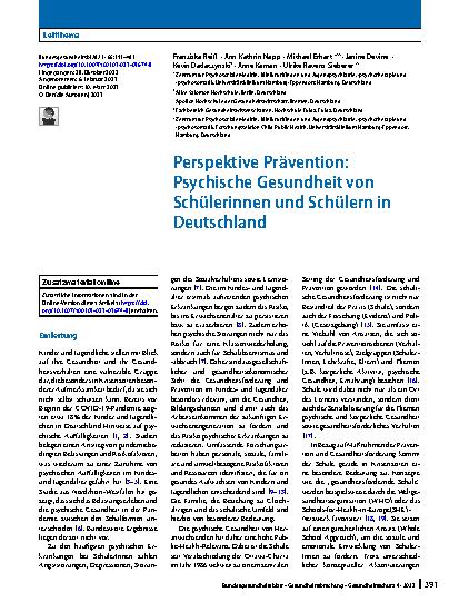 Vorschauseite 1: Perspektive Prävention: Psychische Gesundheit von Schülerinnen und Schülern in Deutschland