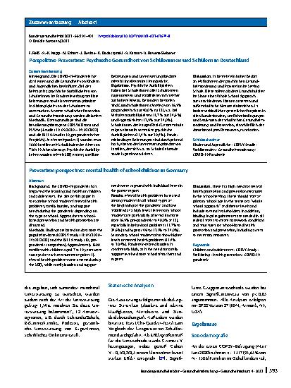 Vorschauseite 3: Perspektive Prävention: Psychische Gesundheit von Schülerinnen und Schülern in Deutschland
