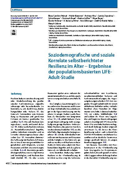 Vorschauseite 1: Soziodemografische und soziale Korrelate selbstberichteter Resilienz im Alter – Ergebnisse der populationsbasierten LIFE-Adult-Studie