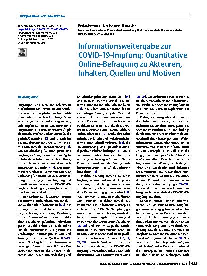 Vorschauseite 1: Informationsweitergabe zur COVID-19-Impfung: Quantitative Online-Befragung zu Akteuren, Inhalten, Quellen und Motiven