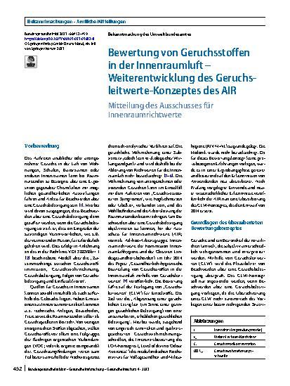 Vorschauseite 1: Bewertung von Geruchsstoffen in der Innenraumluft – Weiterentwicklung des Geruchsleitwerte-Konzeptes des AIR