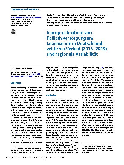 Vorschauseite 1: Inanspruchnahme von Palliativversorgung am Lebensende in Deutschland: zeitlicher Verlauf (2016 – 2019) und regionale Variabilität