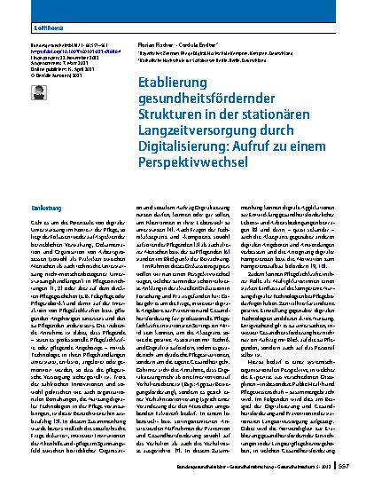 Vorschauseite 1: Etablierung gesundheitsfördernder Strukturen in der stationären Langzeitversorgung durch Digitalisierung: Aufruf zu einem Perspektivwechsel