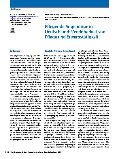 Vorschauseite 1: Pflegende Angehörige in Deutschland: Vereinbarkeit von Pflege und Erwerbstätigkeit