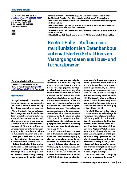 Vorschauseite 1: BeoNet-Halle – Aufbau einer multifunktionalen Datenbank zur automatisierten Extraktion von Versorgungsdaten aus Hausund Facharztpraxen
