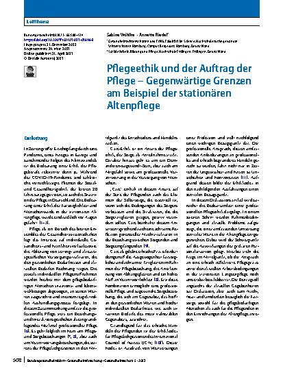Vorschauseite 1: Pflegeethik und der Auftrag der Pflege – Gegenwärtige Grenzen am Beispiel der stationären Altenpflege