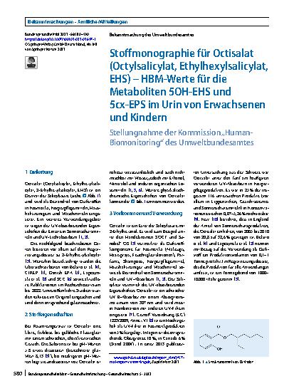 Vorschauseite 1: Stoffmonographie für Octisalat (Octylsalicylat, Ethylhexylsalicylat, EHS) – HBM-​Werte für die Metaboliten 5OH-EHS und 5cx-EPS im Urin von Erwachsenen und Kindern