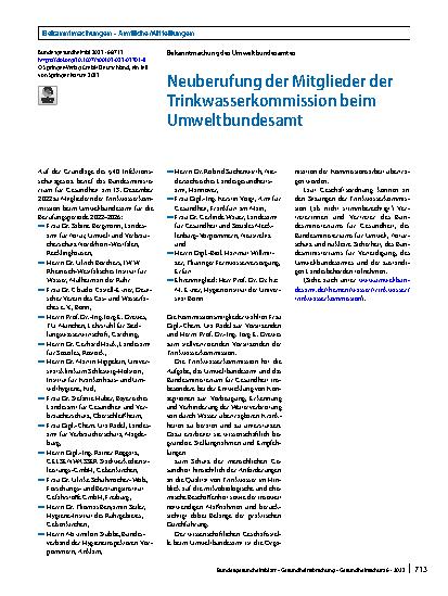 Vorschauseite 1: Neuberufung der Mitglieder der Trinkwasserkommission beim Umweltbundesamt