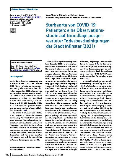 Vorschauseite 1: Sterbeorte von COVID-19-Patienten: eine Observationsstudie auf Grundlage ausgewerteter Todesbescheinigungen der Stadt Münster (2021)
