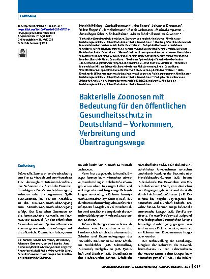 Vorschauseite 1: Bakterielle Zoonosen mit Bedeutung für den öffentlichen Gesundheitsschutz in Deutschland – Vorkommen, Verbreitung und Übertragungswege