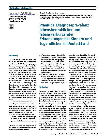 Vorschauseite 1: PraeKids: Diagnoseprävalenz lebensbedrohlicher und lebensverkürzender Erkrankungen bei Kindern und Jugendlichen in Deutschland