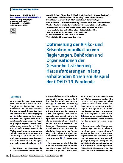 Vorschauseite 1: Optimierung der Risikound Krisenkommunikation von Regierungen, Behörden und Organisationen der Gesundheitssicherung – Herausforderungen in lang anhaltenden Krisen am Beispiel der…