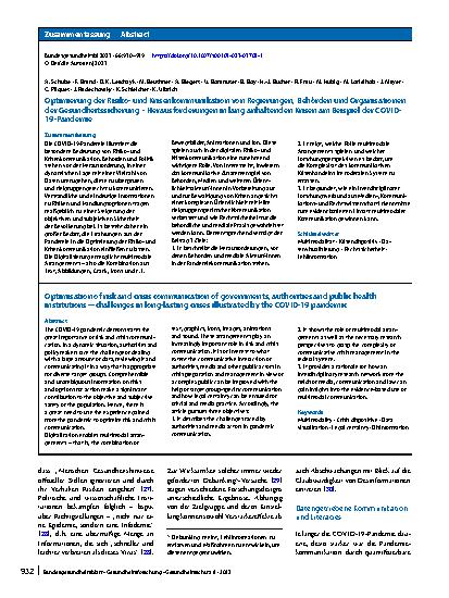 Vorschauseite 3: Optimierung der Risikound Krisenkommunikation von Regierungen, Behörden und Organisationen der Gesundheitssicherung – Herausforderungen in lang anhaltenden Krisen am Beispiel der…