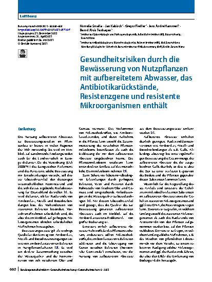 Vorschauseite 1: Gesundheitsrisiken durch die Bewässerung von Nutzpflanzen mit aufbereitetem Abwasser, das Antibiotikarückstände, Resistenzgene und resistente Mikroorganismen enthält